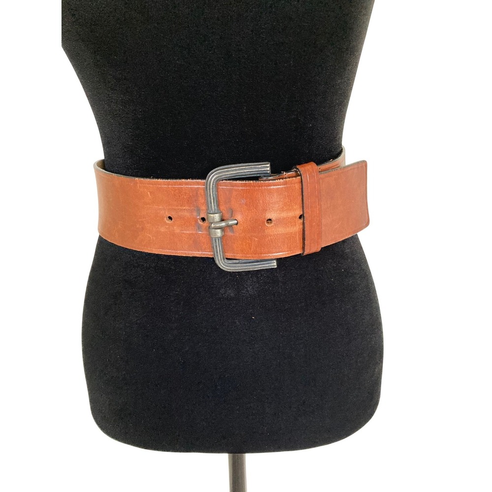 Jenny & The Boys Brown Genuine Leather Wide Waist Belt Ribbed Buckle Small